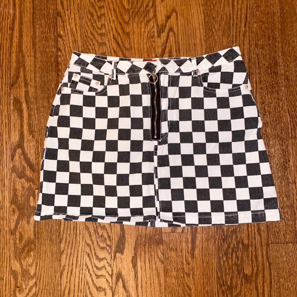 Checkered denim mini skirt